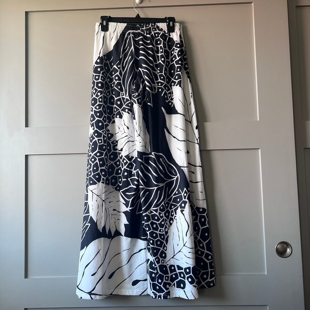 WAI ONO DESIGNS Wide Leg Pants Women Medium Black White Tropical Leaf‎ Hawaiian - Picture 2 of 11